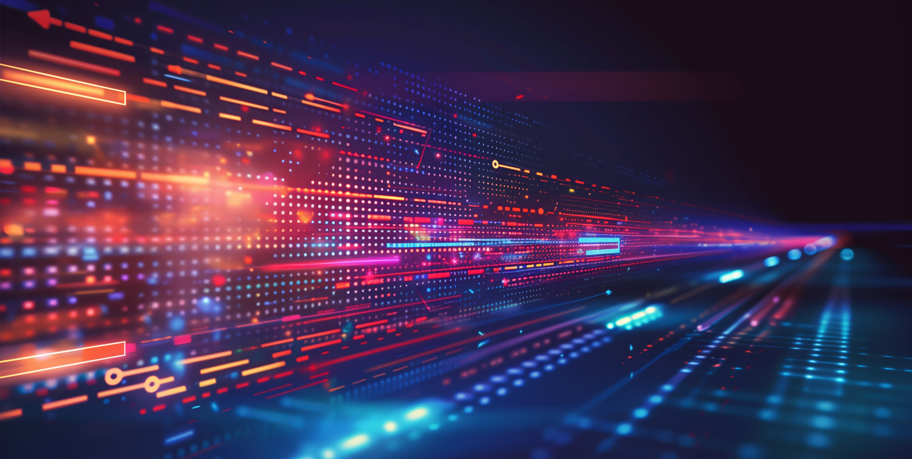 Abstract digital background with vibrant lines, dots, and glowing gradients in blue, red, and orange hues, creating a dynamic, futuristic atmosphere.